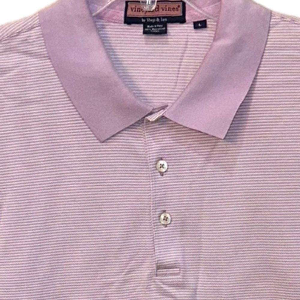 Men's Vineyard Vines Pink/White Stripe Gold Polo Shirt Size Large - Picture 2 of 7